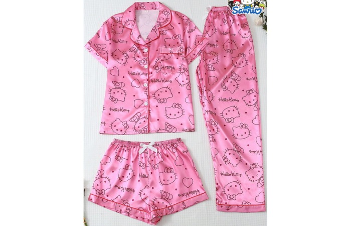 Sanrio Women's Pajama Set, Hello Kitty Collar Short Sleeve Button Pocket Top And Bow Long Pants